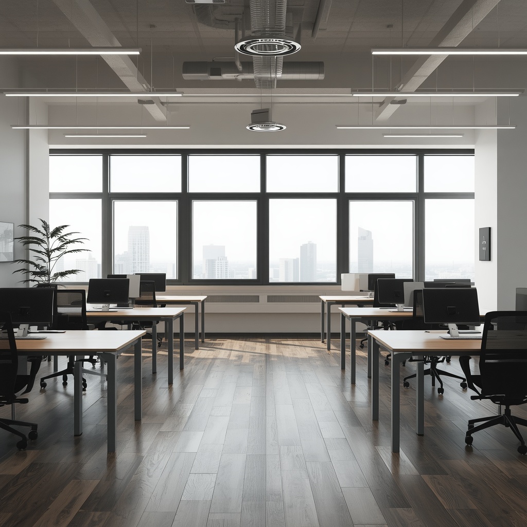 Modern minimalist office space with wooden desks, ergonomic chairs, and large windows with natural light creating a calm productive atmosphere